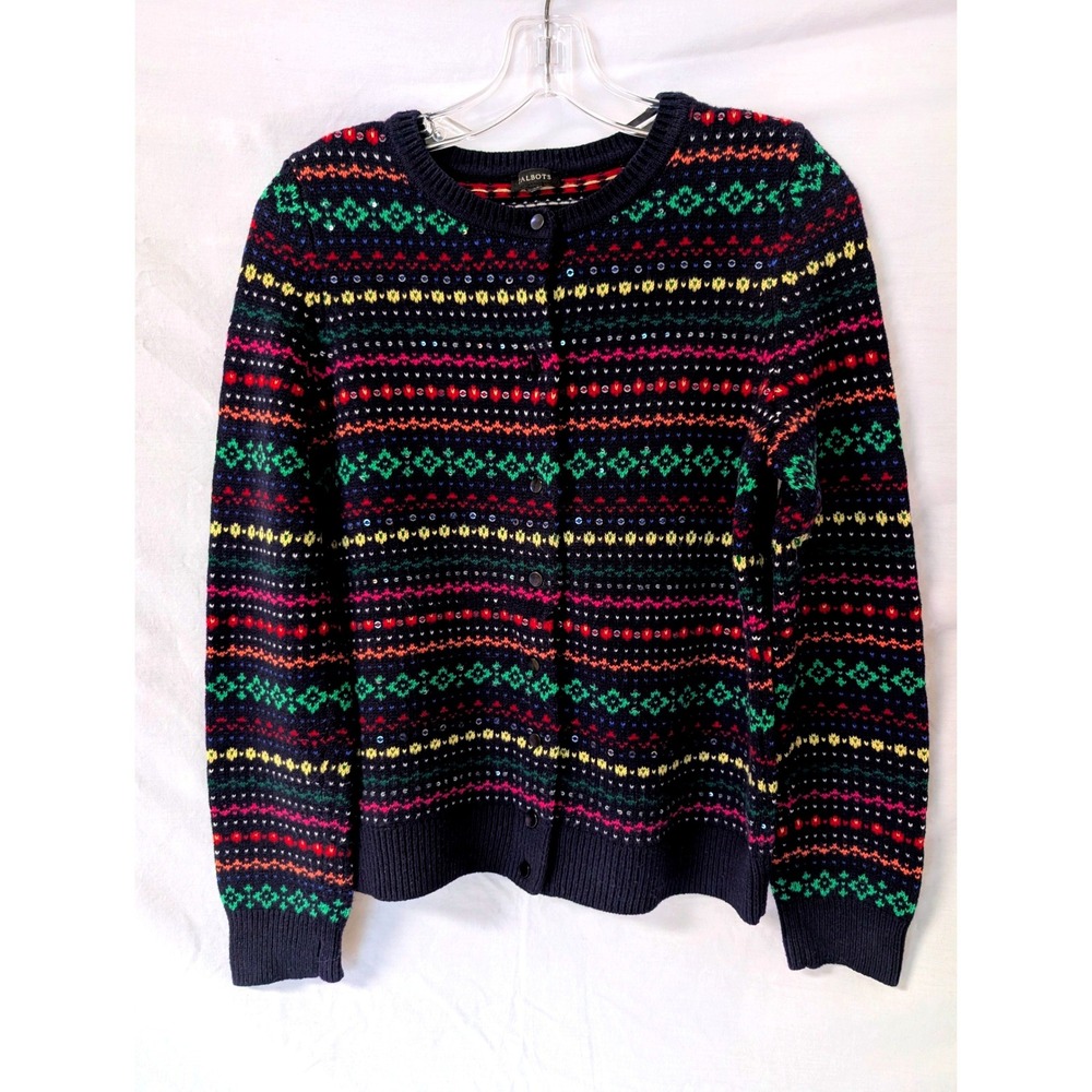 Talbots Fair Isle Sweater Cardigan Lambswool Navy Nordic Sequin Cozy Women's